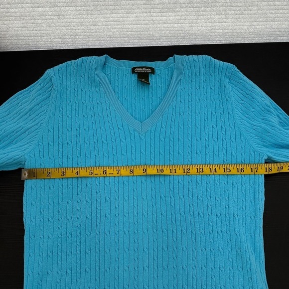 Eddie Bauer Blue V-Neck Long Sleeve Cable Knit Pullover Sweater Size Large FLAW - Picture 9 of 10